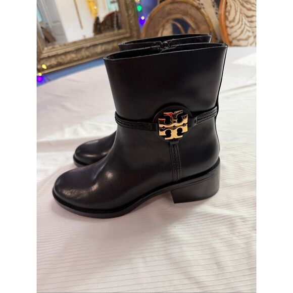 Tory Burch Black Ankle Boots with Gold Logo - Picture 2 of 14